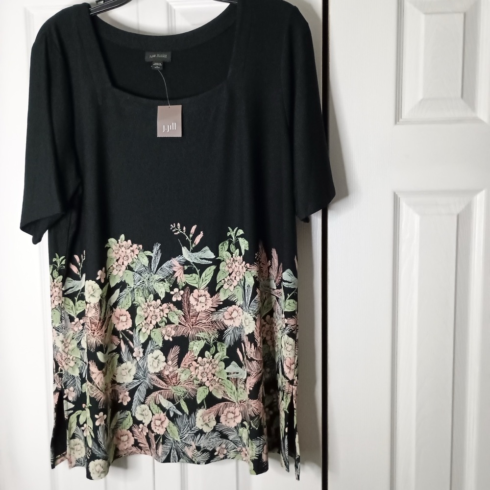 J Jill Tunic Womens L Top Black Floral Bird Springtime Square Neck Rayon Top NWT